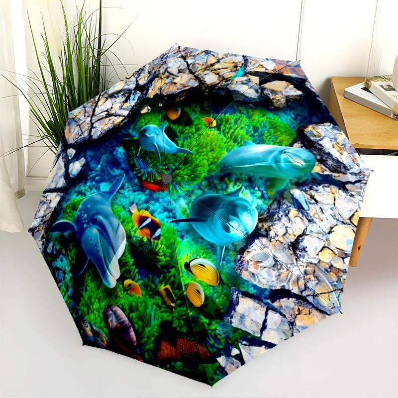 Vibrant 3D Ocean Life Folding Umbrella Travel Umbrella Travel Sun Umbrella Three Folds