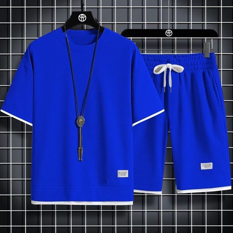 Waffle Men's Summer Short Sleeve And Shorts Two Piece Sets Sports Casual Tracksuit Men Comfortable Cool Shorts Oversized Set