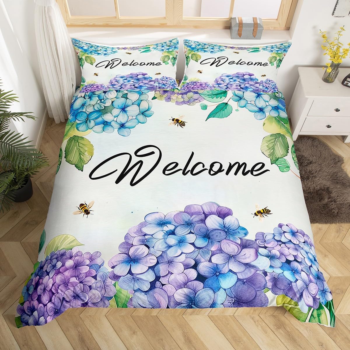 

Vintage Floral Bedding Set Full Queen Blue Pink Hydrangea Duvet Cover Colorful Butterfly Retro Botanical Comforter Cover3 pcs EU Single(135x200cm)