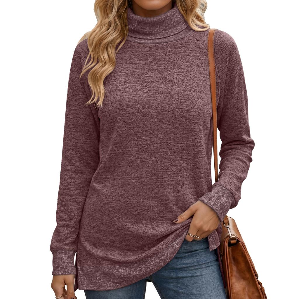 Women's Color High Neck Long Sleeve Loose Fit T-Shirt with Side Slit