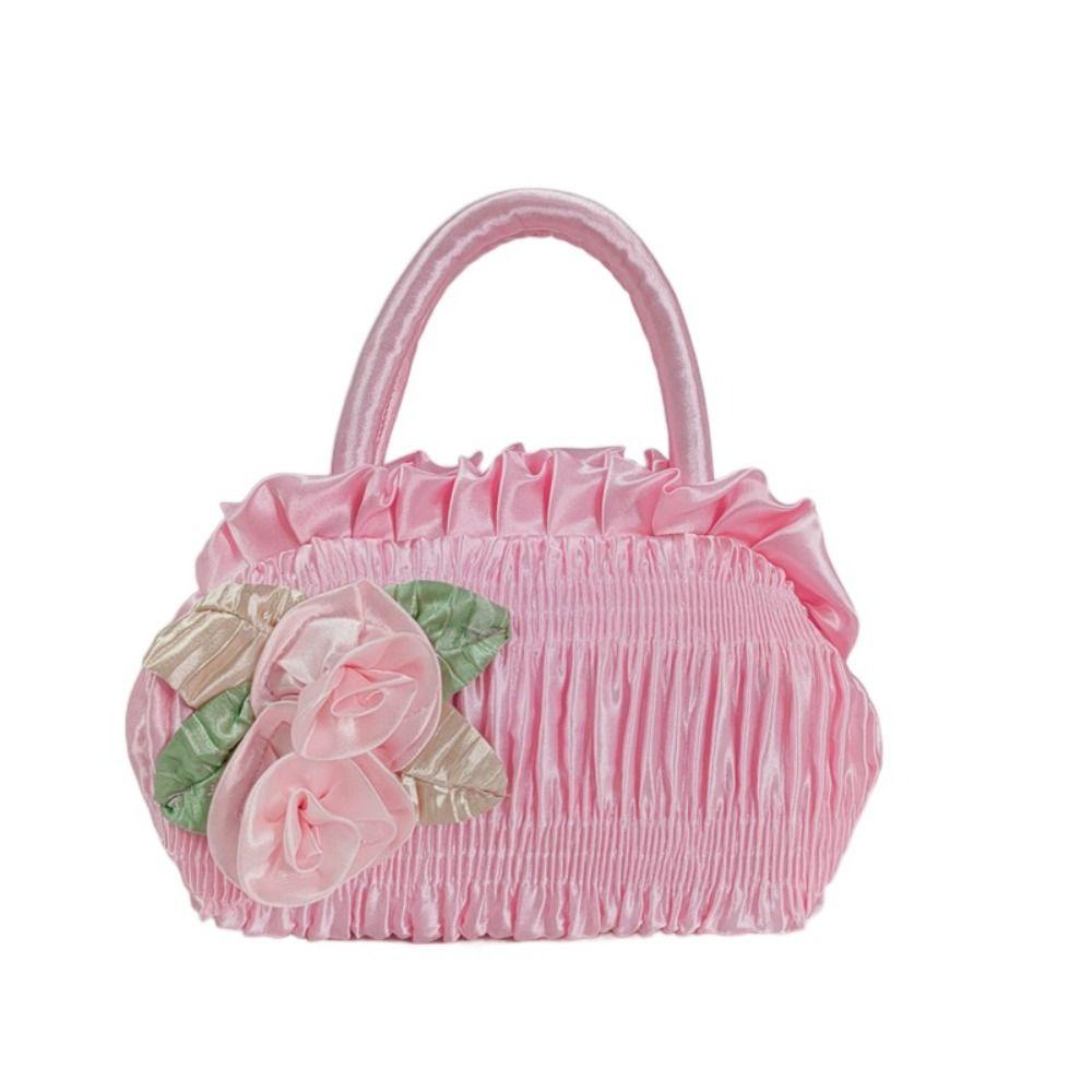 Leaf Hanfu Rose Flower Handbag Satin Silk Bubble Zipper Flower Tote Bag Cosmetic Makeup Bag Mommy Bag Ethnic Style Wrist Bag