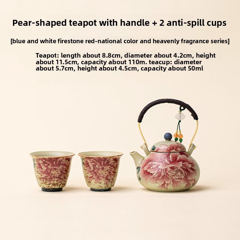 Kiln Blue White Flint Red Peony Loop Handle Teapot Set with Cups Ceramic Gongfu Tea Set Handmade Chinese Gift for Home Office