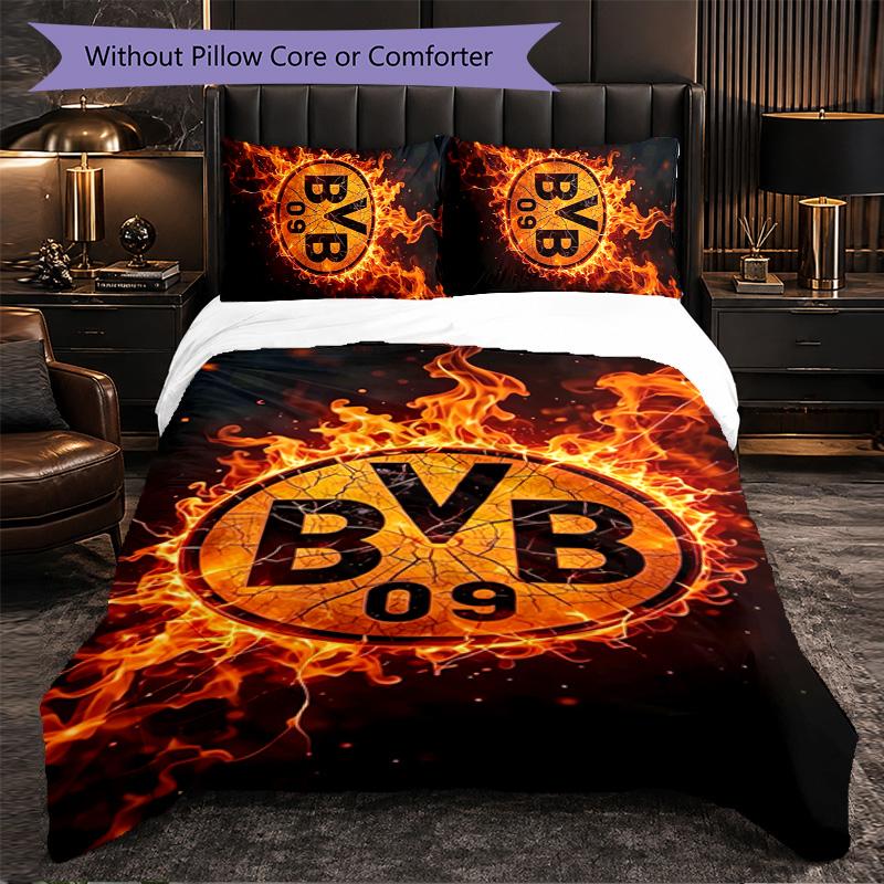 Borussia Dortmund 3-teiliges Bettwäscheset Weiches Bettbezug-Set mit Kissenbezügen Bedrucktes Schlafzimmer-Deko-Set für Zuhause
