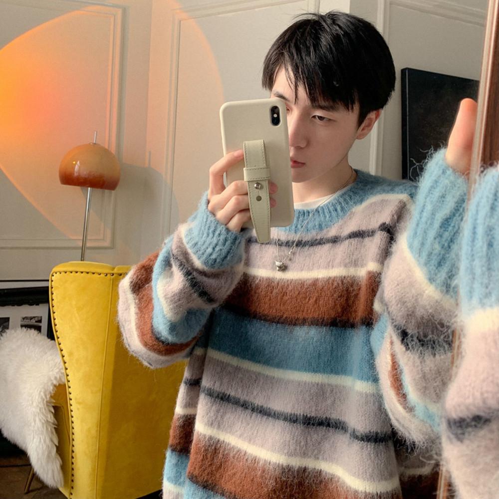 Свитер мужской осенне-зимний толстый свободный полосатый контрастный мохеровый свитер ленивый стиль круглый вырез свитер куртка M