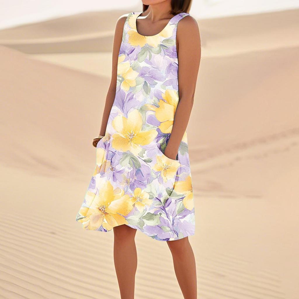 Women's Casual Summer Floral Print Sleeveless Pocket Dress