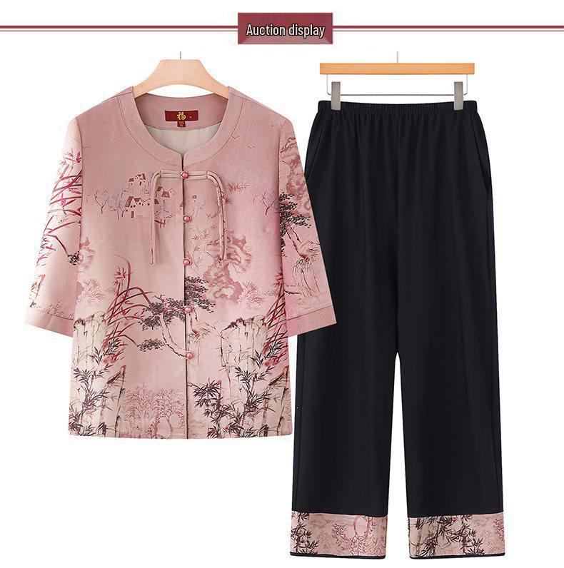 Elegant Chinese Summer Outfit: Short-Sleeved Top & Two-Piece Set for Middle-Aged and Elderly Women