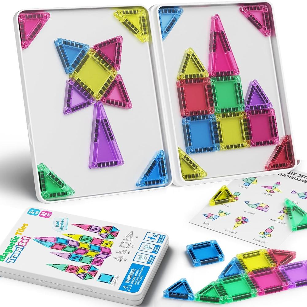 Magnetic Tiles Construction Set 42pcs Travel Toy for Kids Portable Travel MINI Magnetic Tiles Toy Magnetic Kit Montessori Toy Gift for 3+ Years Toddle