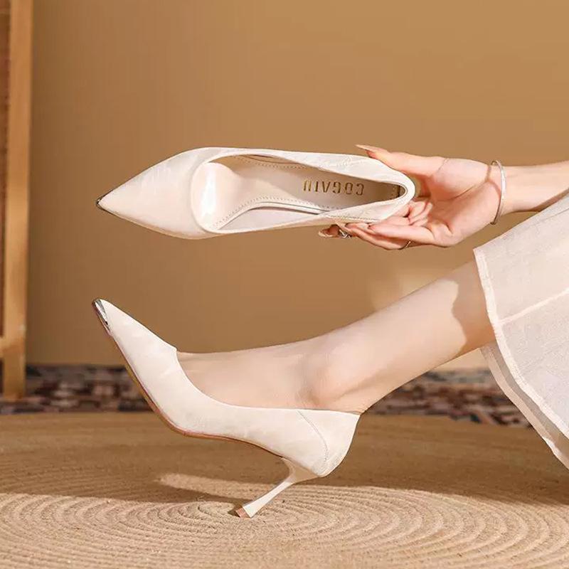 New Jacquard Satin Beautiful High Heels Women's Thin Heels Are Not Tired Feet White Pointed Single Shoes