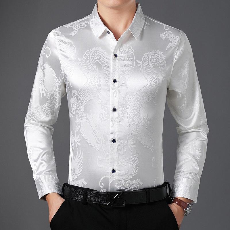 Cămașă de rochie pentru bărbați Cămăși din satin din imitație de mătase Dragon chinezesc Business Formală Bluză cu mânecă lungă Topuri casual