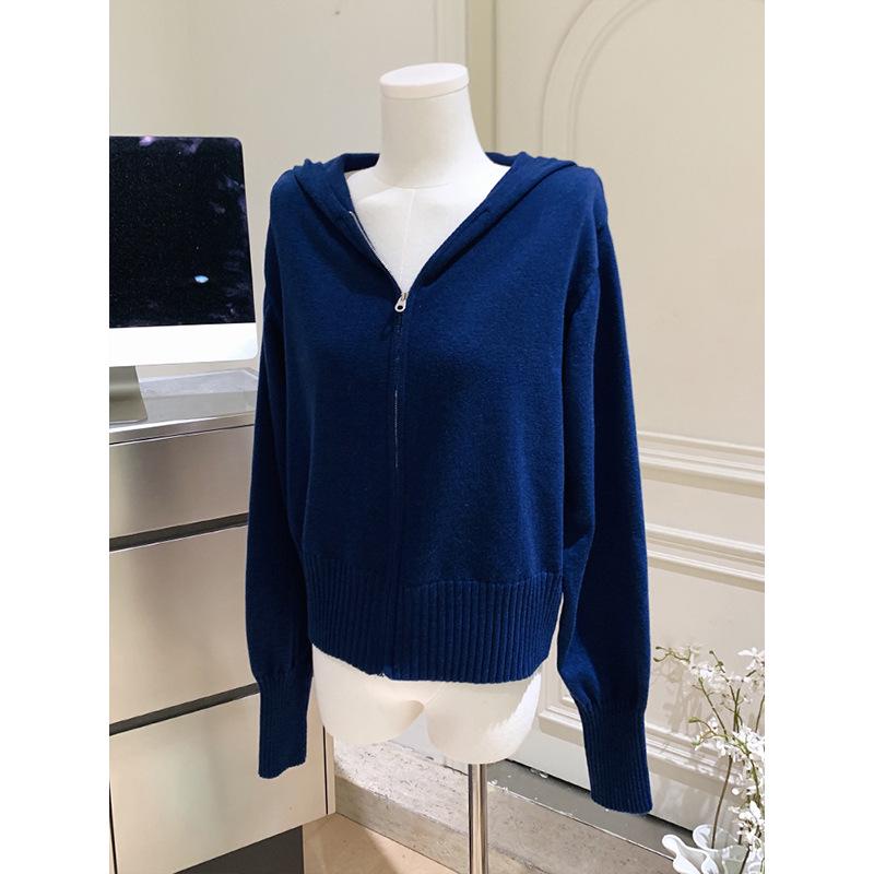 Women's Dark Blue Zip-Up Knit Cardigan, Korean Style, Waist-Cinching, Hooded, Long Sleeve, Autumn/Winter Short Jacket.