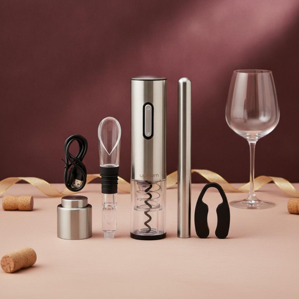 Electric Vino Opener with Foil Cutter Stainless Steel Set SingleButton
