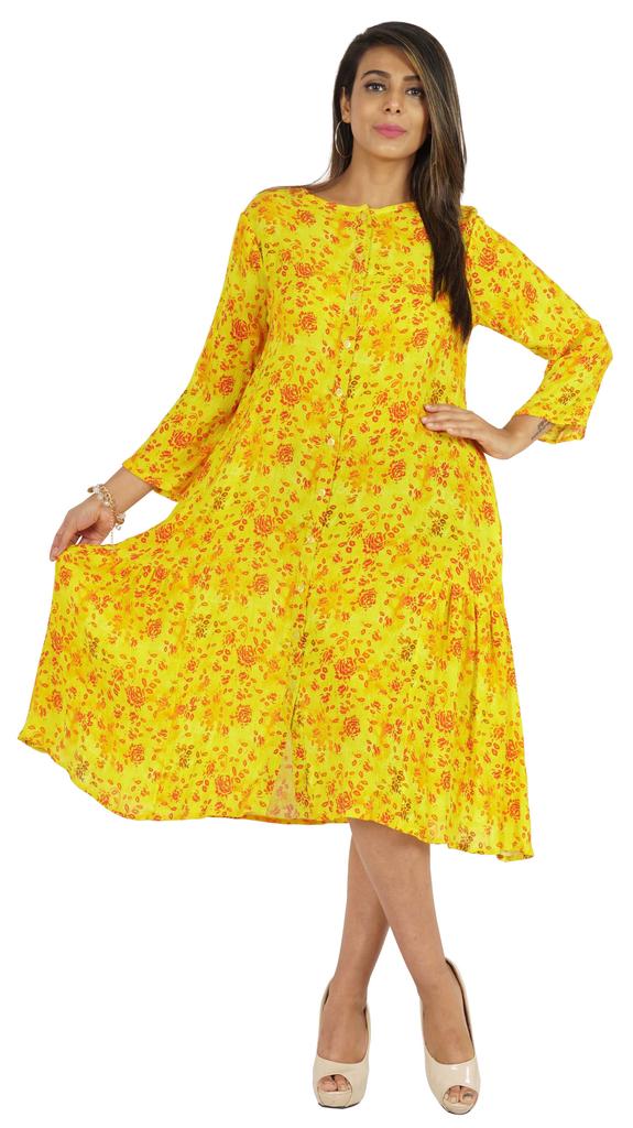 Bimba Printed Flared Midi Dress For Women Rayon Crepe Casual Summer Dress