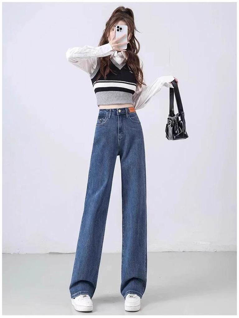 Damen Blaue High-Waist Straight-Leg Jeans, Frühjahr Herbst 2025 Kollektion