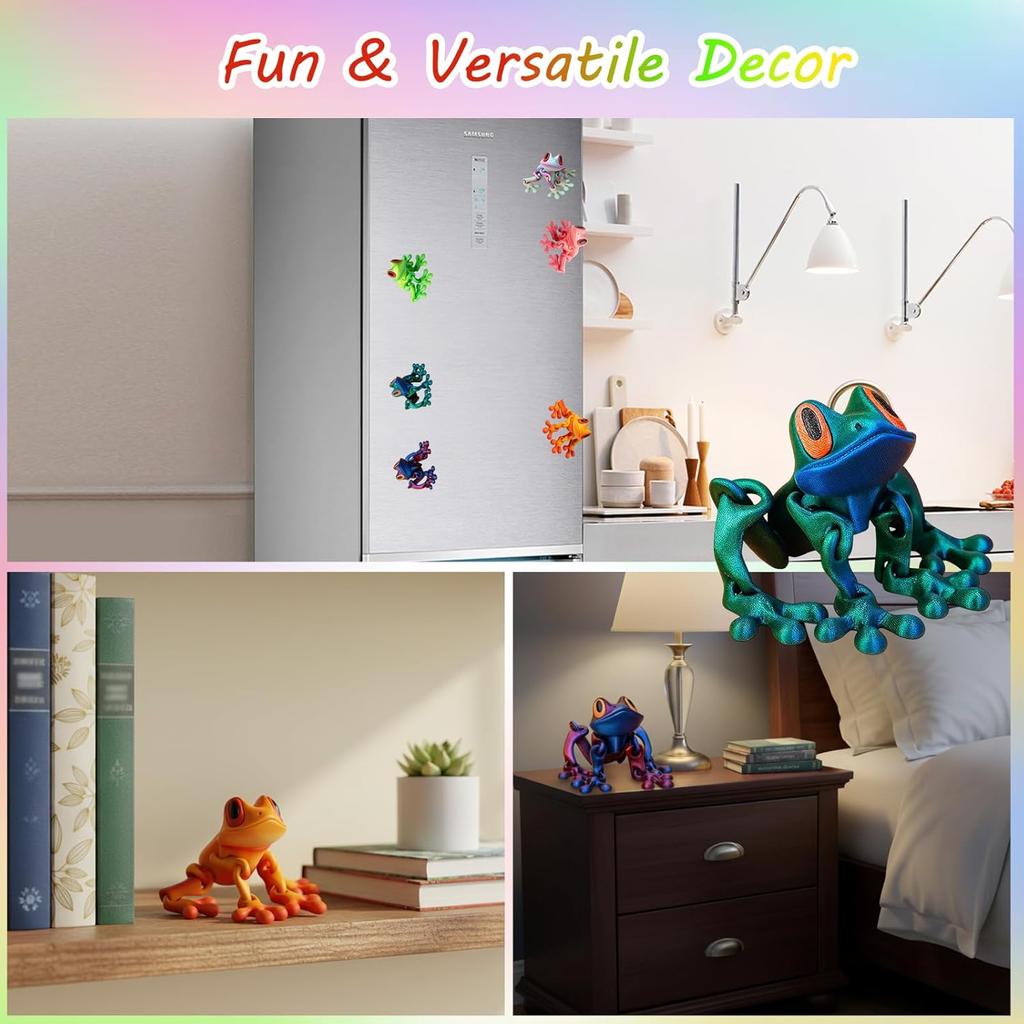 3D Printed Frog, 6 Magnetic Frogs for Refrigerator, Plastic Jumping Frogs for Home and Office Decoration, Green Frog 3D Printed Frogs Set for Adults