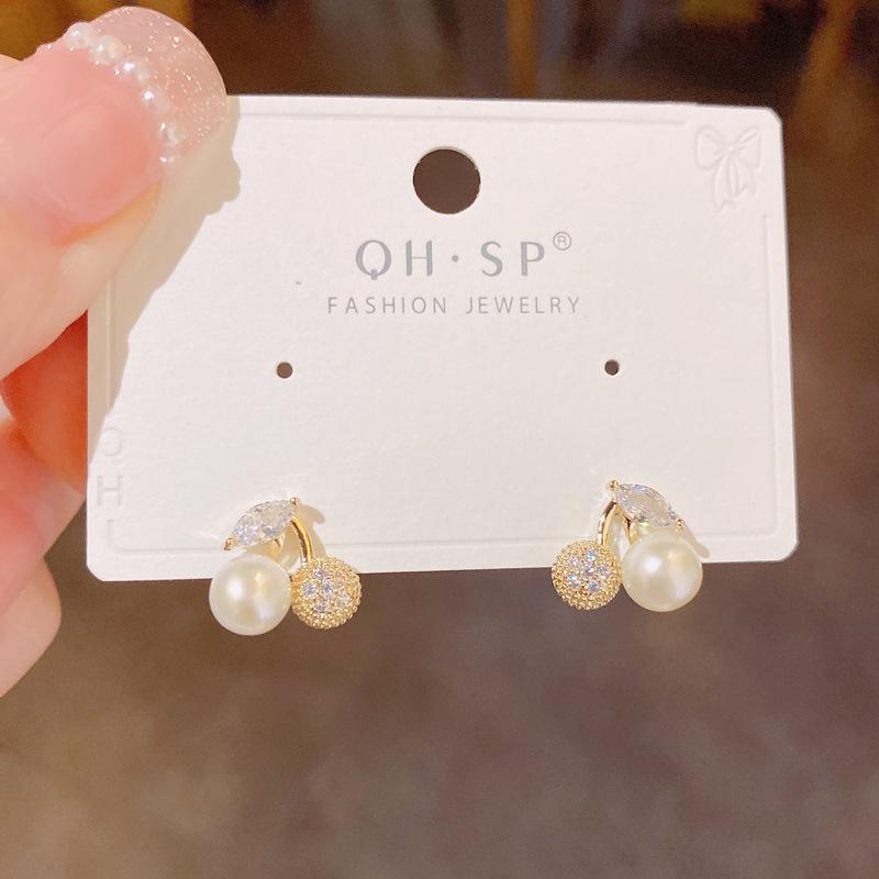 Delicate Fashion Simple Versatile Zircon Pearl Cherry Stud Earrings For Women