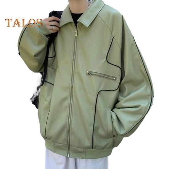 

Мужская куртка с лацканами и длинным рукавом из искусственной кожи с множеством карманов, застежкой-молнией, водонепроницаемое ветрозащитное теплое пальто S зелёный