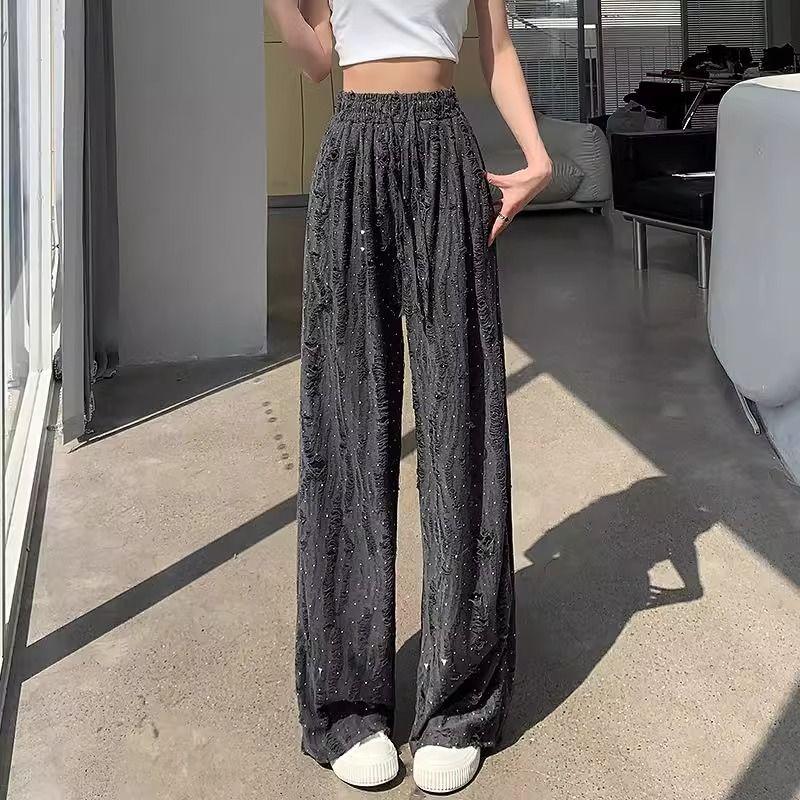 Designer Hot Fix Rhinestone Distressed Casual Wide Leg Pants for Women Floor Length Long Pants Summer Trendy