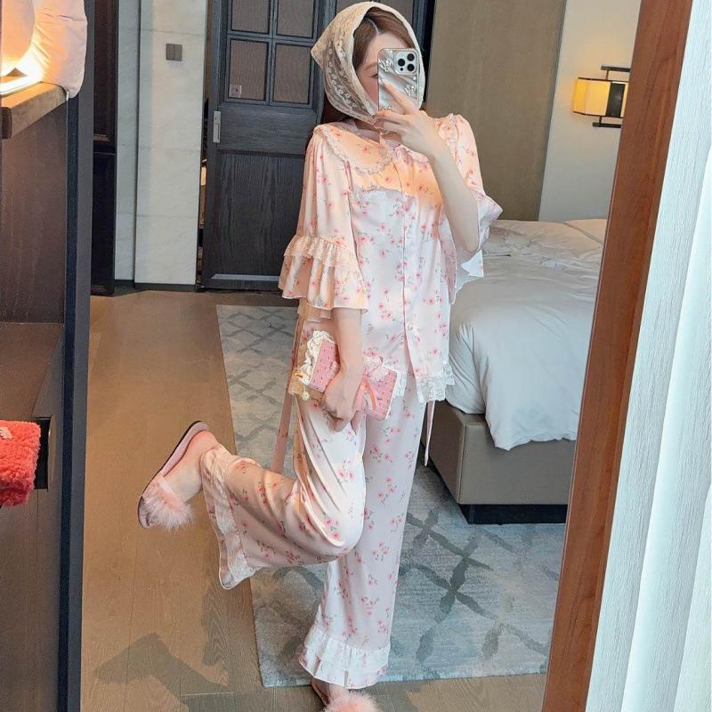 Pajamas female princess style doll collar medium sleeve new floral beautiful girl trousers set ice and snow silk women's loungewear