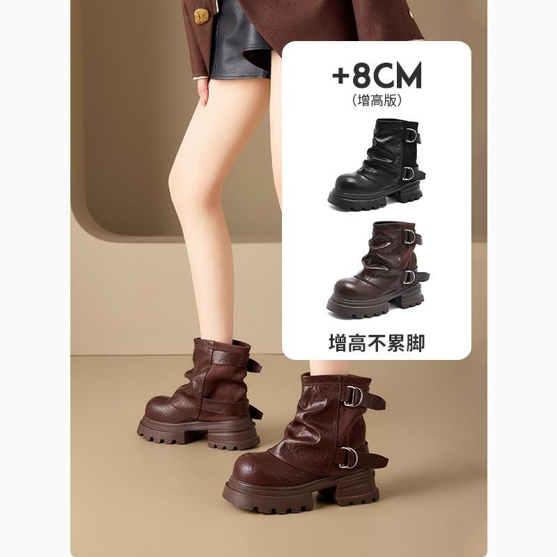 Inner height-increasing brown short boots women's autumn new thick-soled pleated stacking boots belt buckle brown trouser tube boots