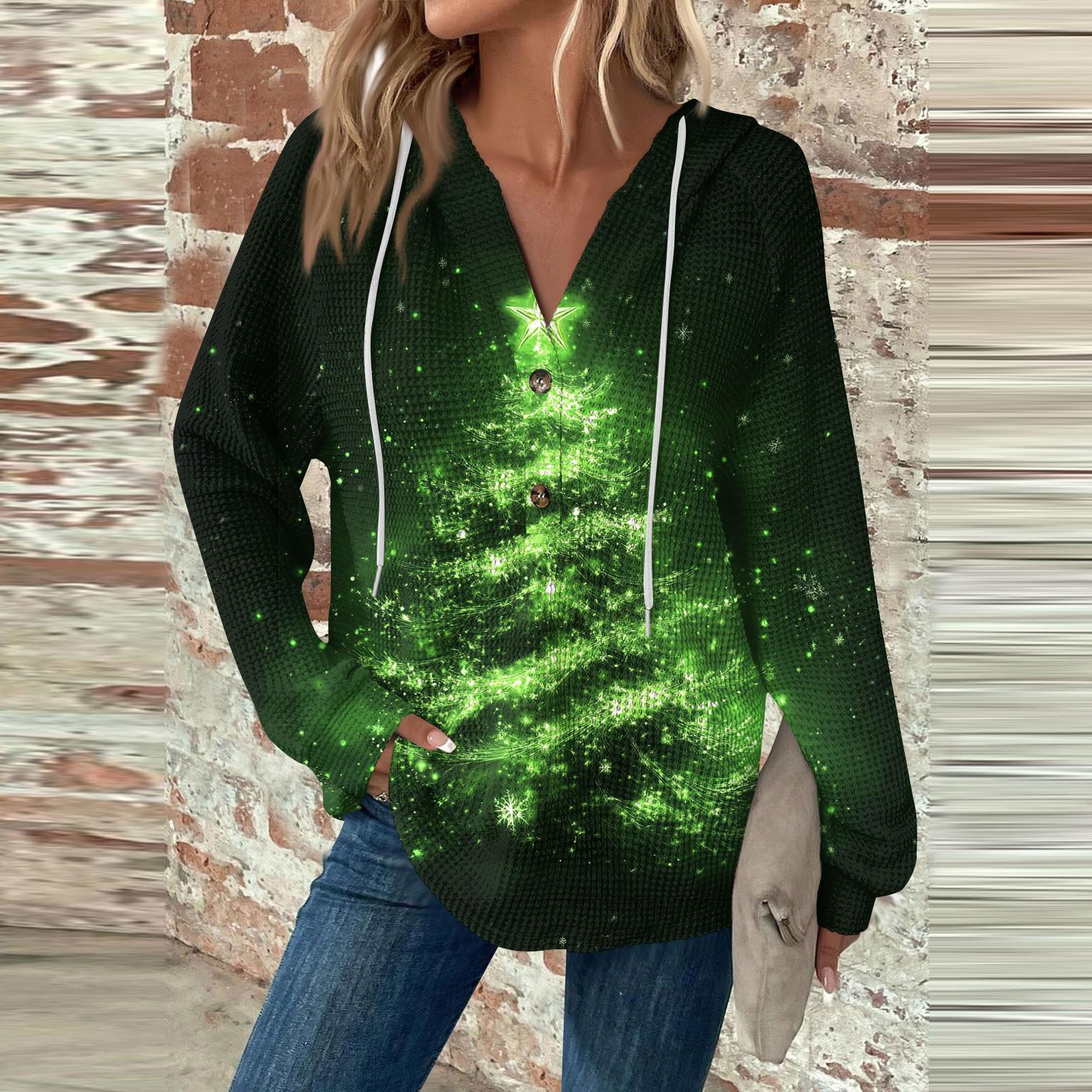 

Женская мода с длинным рукавом, завязками на шнурке, капюшоном, пуговицами, V-образным вырезом, повседневная толстовка с капюшоном и рождественским принтом XXXL