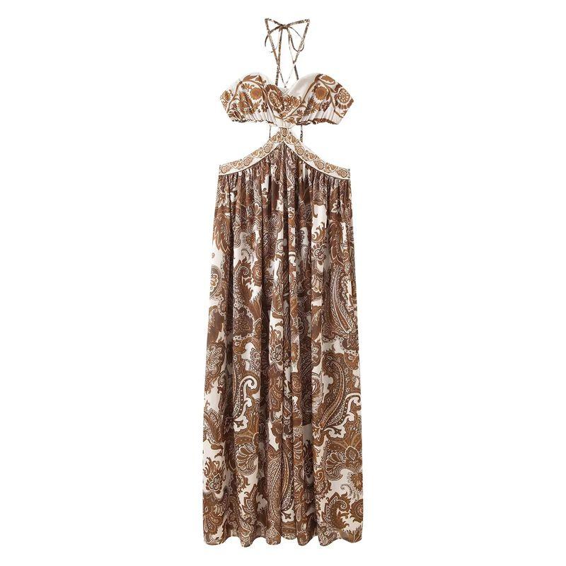 

Осень Новое поступление Женская одежда Стиль морского отдыха Воротник-хомут на шее Дизайн с боковым разрезом Платье на длинных бретелях с принтом Color L