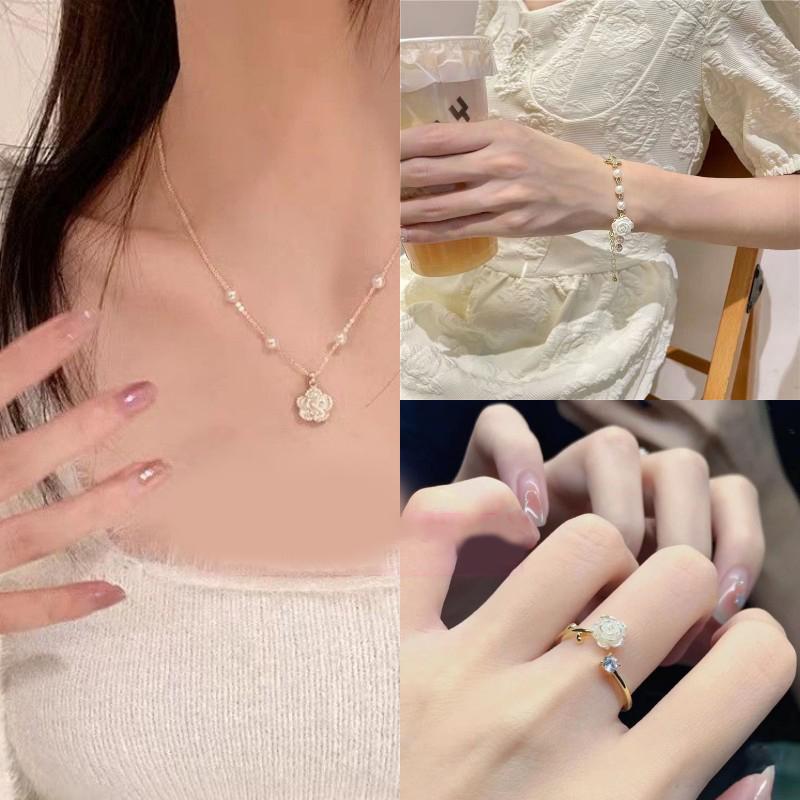 Perla Jemná Kamélie Otevírací Nastavitelný Prsten Náramek Náhrdelník Vintage Pro Ženy Dívka Řetízek na Ruku Luxusní Šperky Doplňky