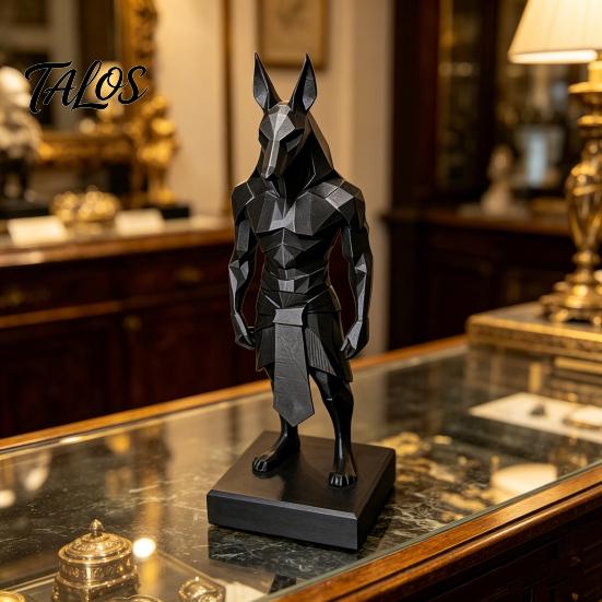Egyptian God Anubis Decor 3D Printed Statue Desk Sculpture with Stable Square Base Matte Office Ornament Black Minimalist Low-Polygon Design for Home