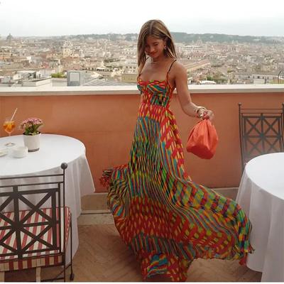 Print Contrasting Sling Maxi Dresses For Women Beach Colorful Sleeveless Backless Loose Dress Lady Summer Vacation Robe