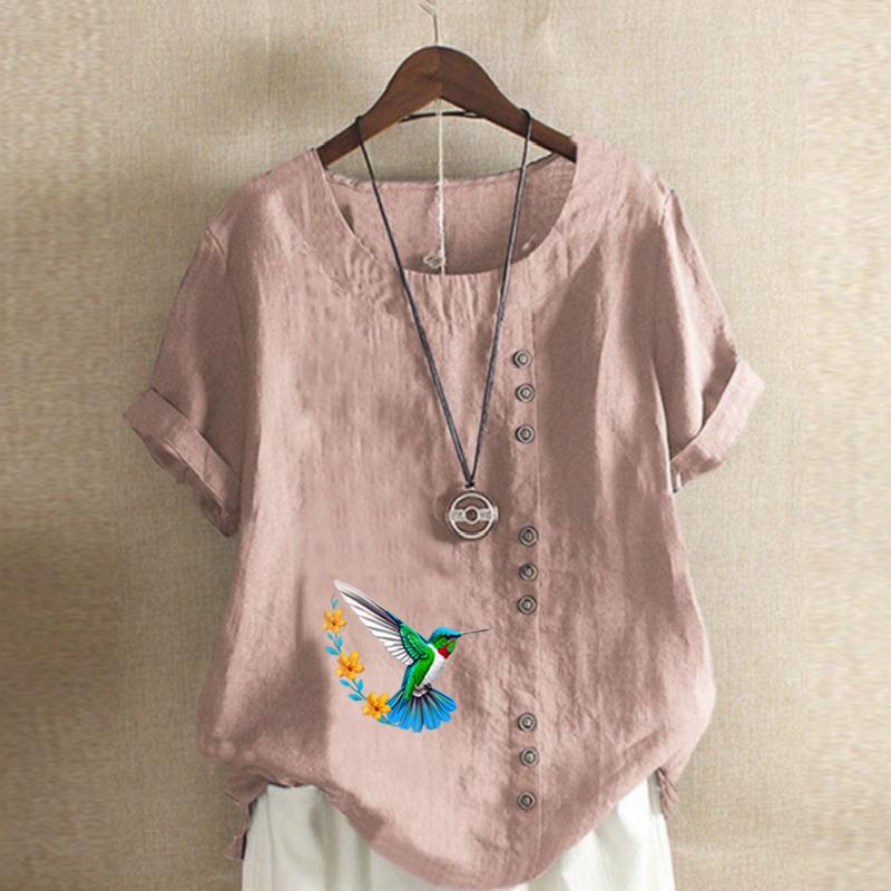Women's Fashion Round Neck Short Sleeve T-shirt Casual Cotton Linen Graphic Shirt Leisure Loose Bird Prined Summer Blouse Tops