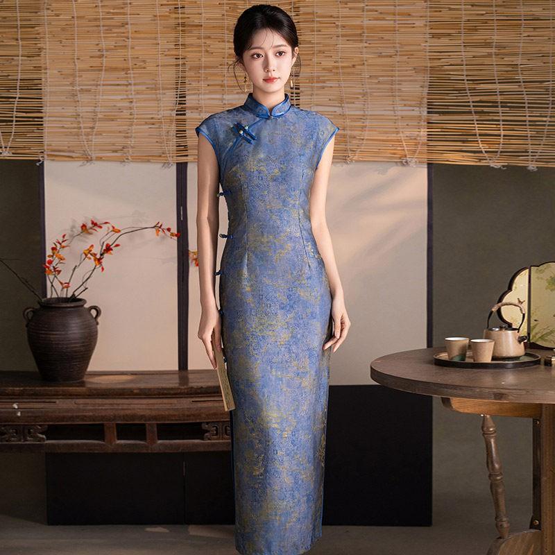 Elegant Blue Sleeveless Qipao Dress Women 2026 Retro Chinese Style Long Gown With Stand Collar Medium