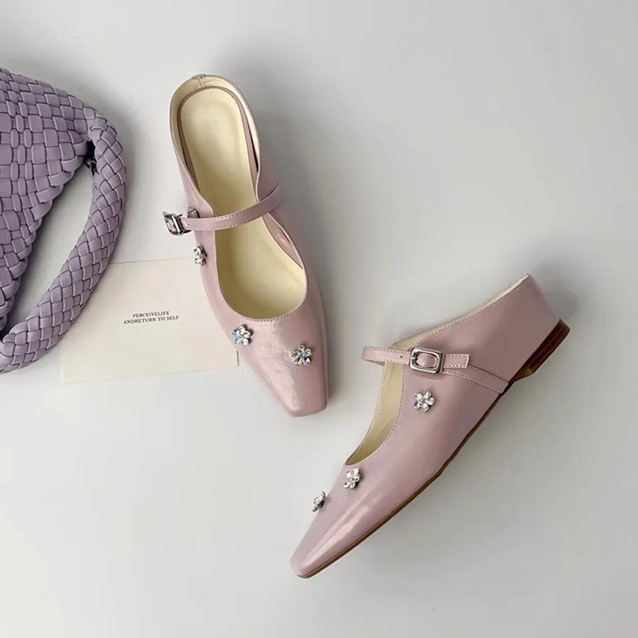 Fashion French Rhinestone Flower Baotou Half Slippers Women Wear Outside To Increase The Square Head Temperament Single Shoes