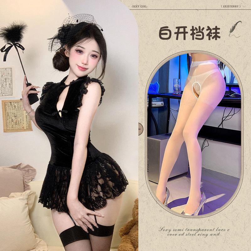 Sexy lingerie retro new Chinese cheongsam sexy velvet lace mesh buckle cheongsam sex nightdress