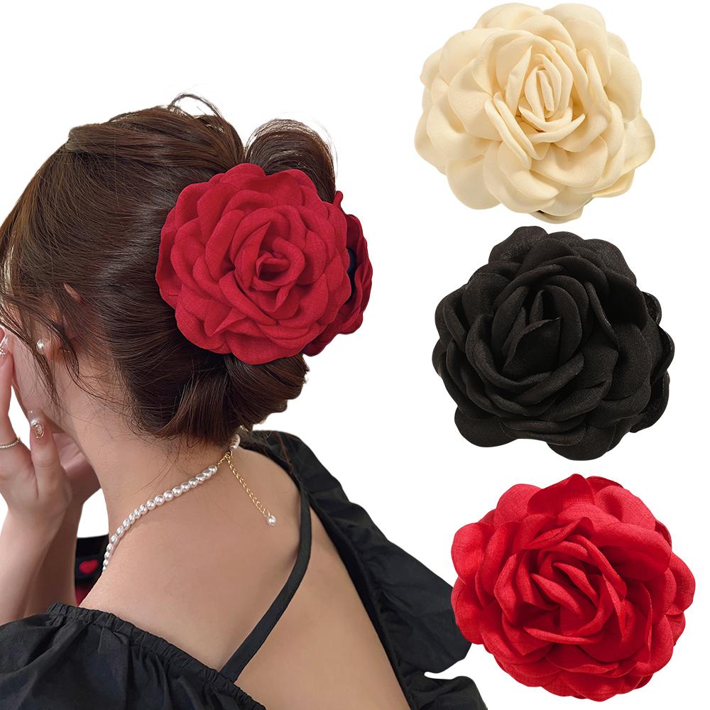 2/3 PCS New Solid Color Fabric Rose Flower Hair Claw for Women Girls Barrette Elegant Shark Clips Set Headwear Accessories Gifts