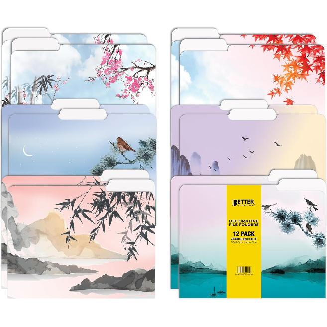 Better Office Products Decorative File Folders, 12 Pack, 6 Unique Designs, Heavyweight, Letter Size (9.5 x 11.5) with 1/3 Cut Tab, Japanese