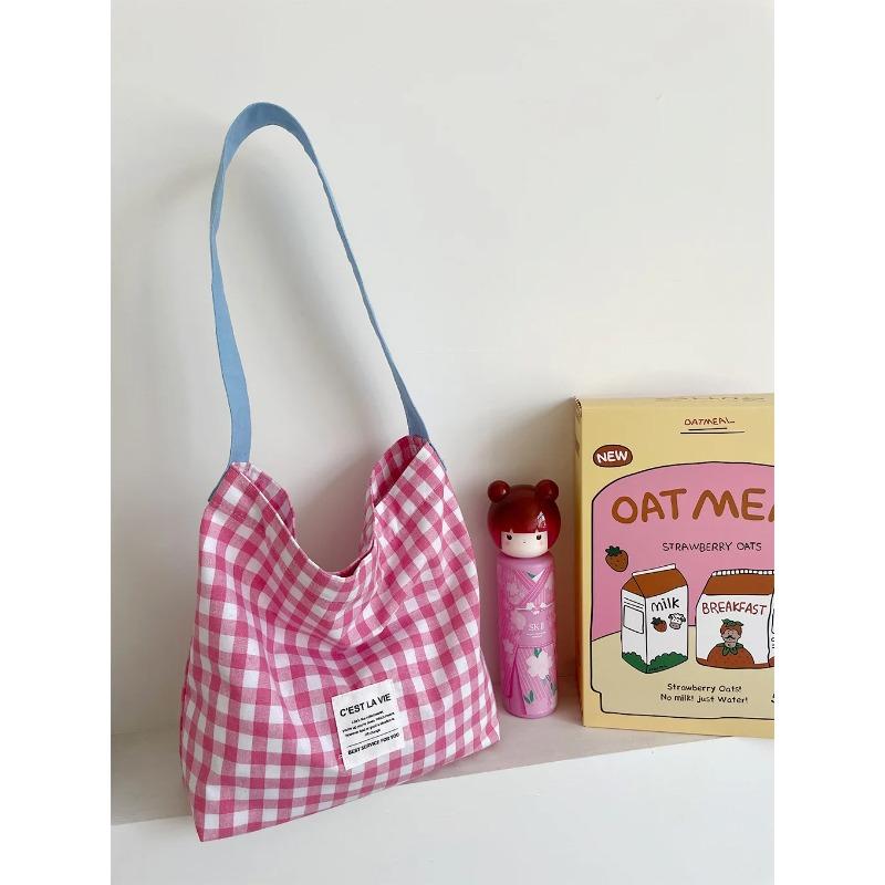Ctrast Color Checked Ladies Shoulder Bag Large Capacity Women's Plaid Handbags Canvas Commuter Female Tote Shopping Bags
