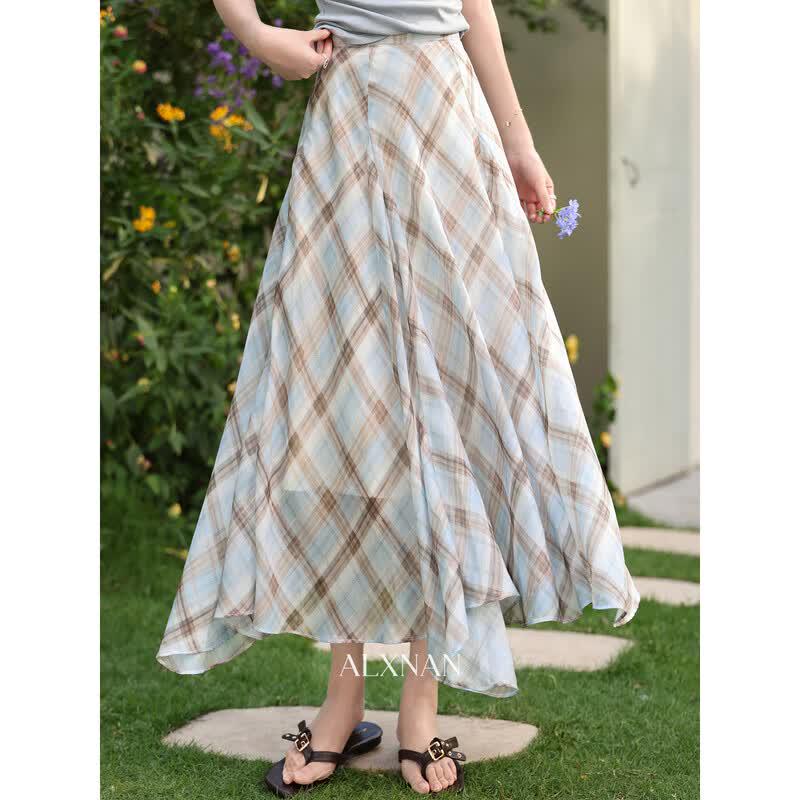 Lu Xiangnan Blue Plaid A-Line Midi Skirt M