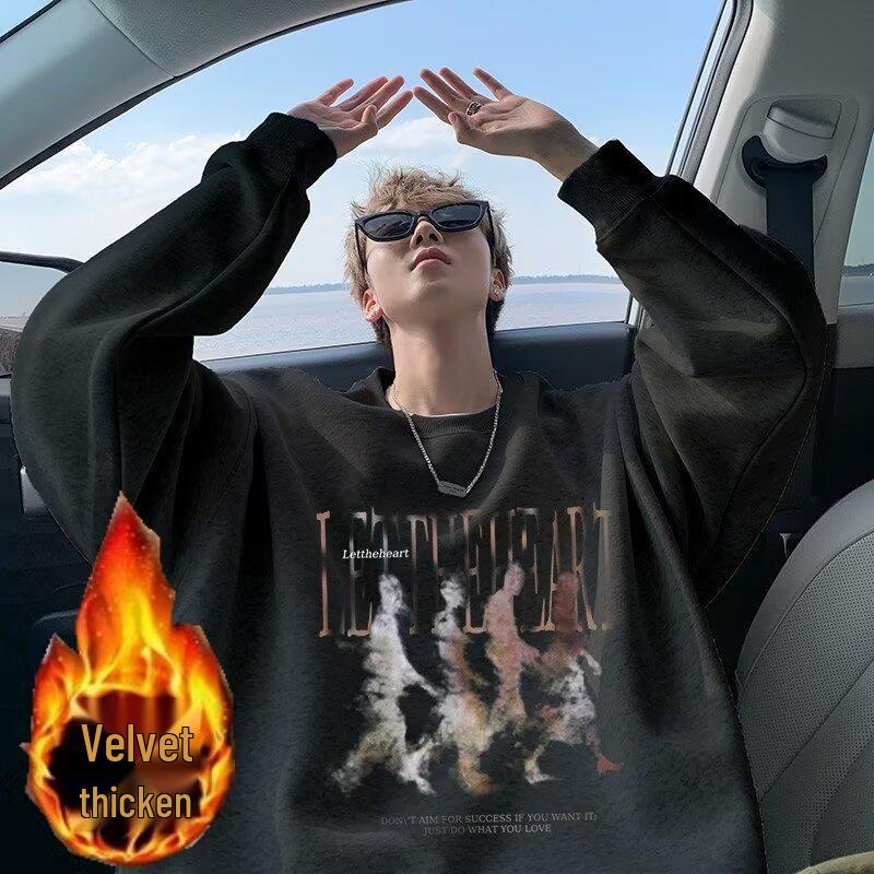 

Men s 2025 Trendy Thick Velvet Pullover Hoodie - Loose Fit, Round Neck, Winter Jacket M