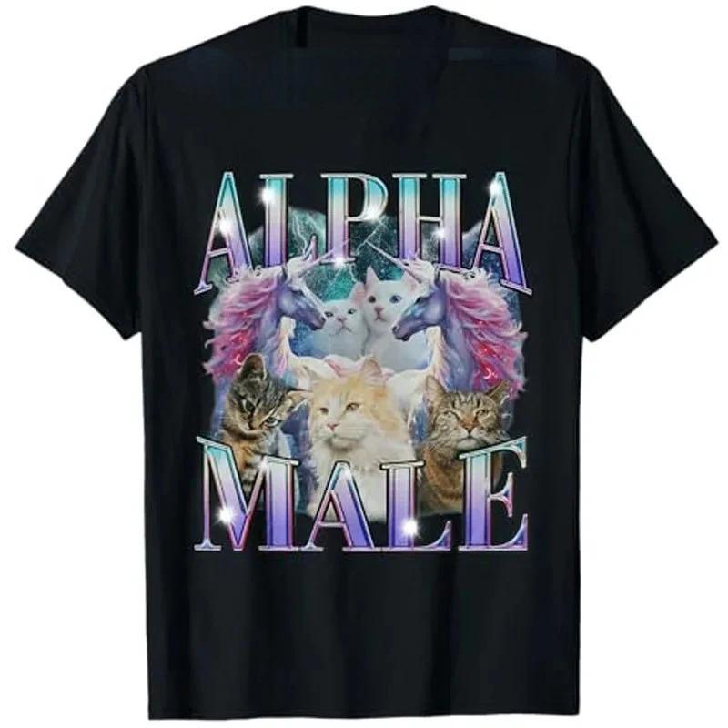 Camiseta Irônica Vintage Gato Unicórnio Macho Alfa Estilo Retrô Camiseta com Frase Vintage Manga Curta Camiseta com Frase Piada Sarcástica Rap Y2k Top