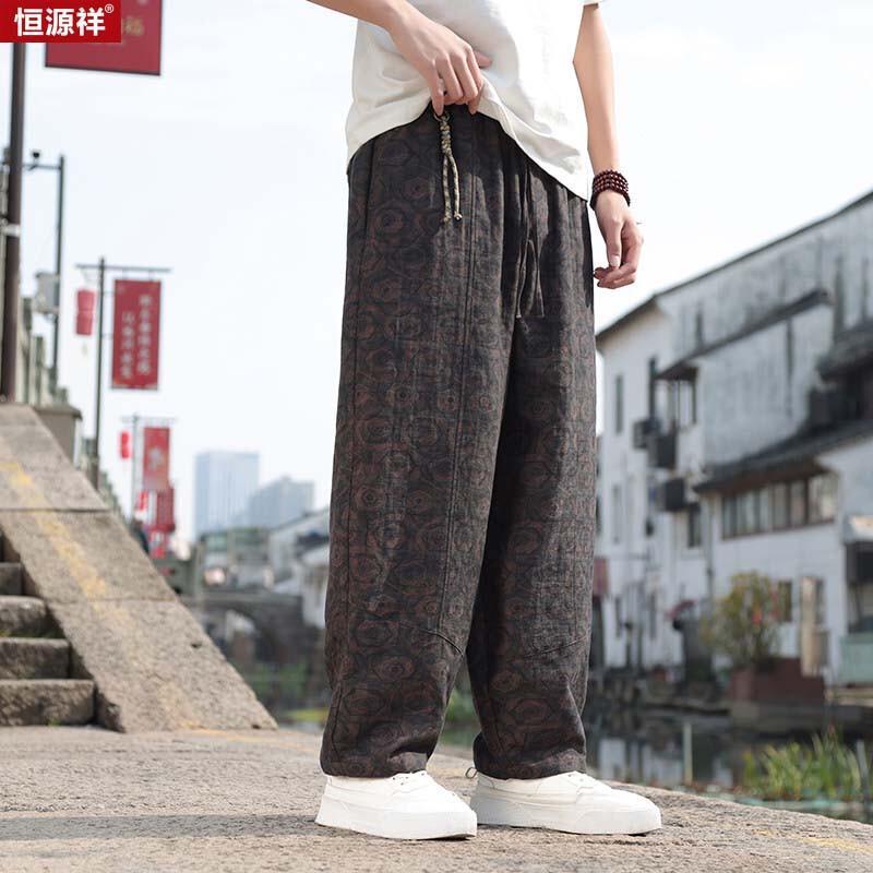 

Hengyuanxiang Men s Chinese Style Dark Pattern Cotton Linen Nine-Point Casual Pants 3XL