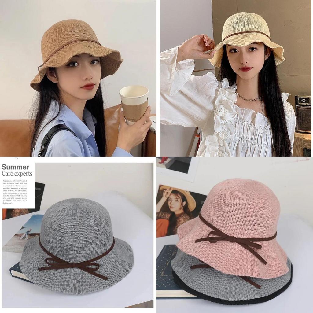 Cappello da Sole Estivo da Donna in Maglia con Fiocco a Falda Corta Protezione Solare per Uso Casual