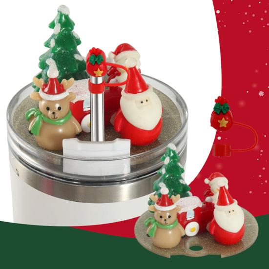 1 Set Christmas Straw Cover Cap Food Grade Dust-proof No Spill 40oz Tumbler Lid Straw Tip Topper Protector Decoration Cup Accessories