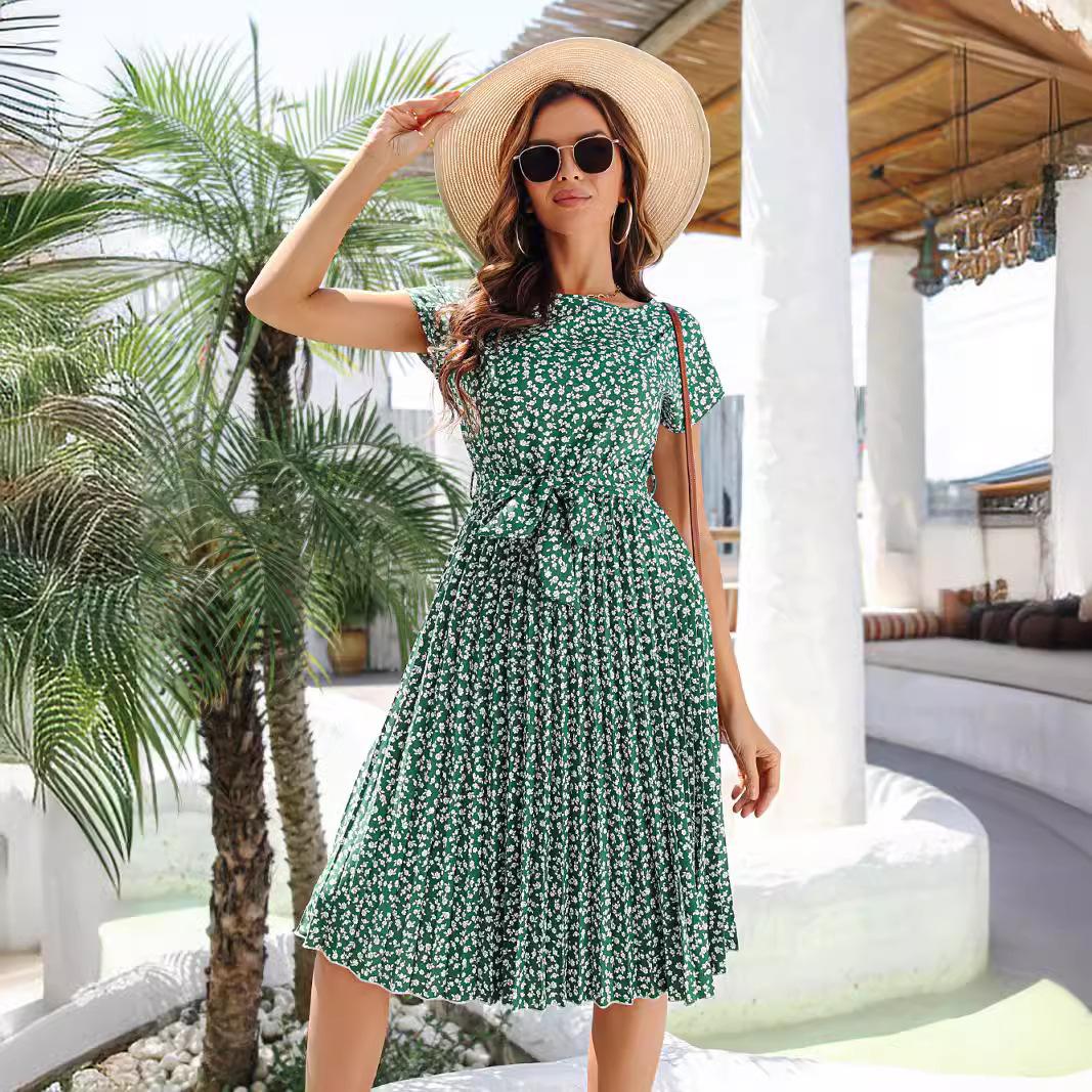 

Весенне-летнее женское плиссированное длинное платье с коротким рукавом и высокой талией XXL зелёный