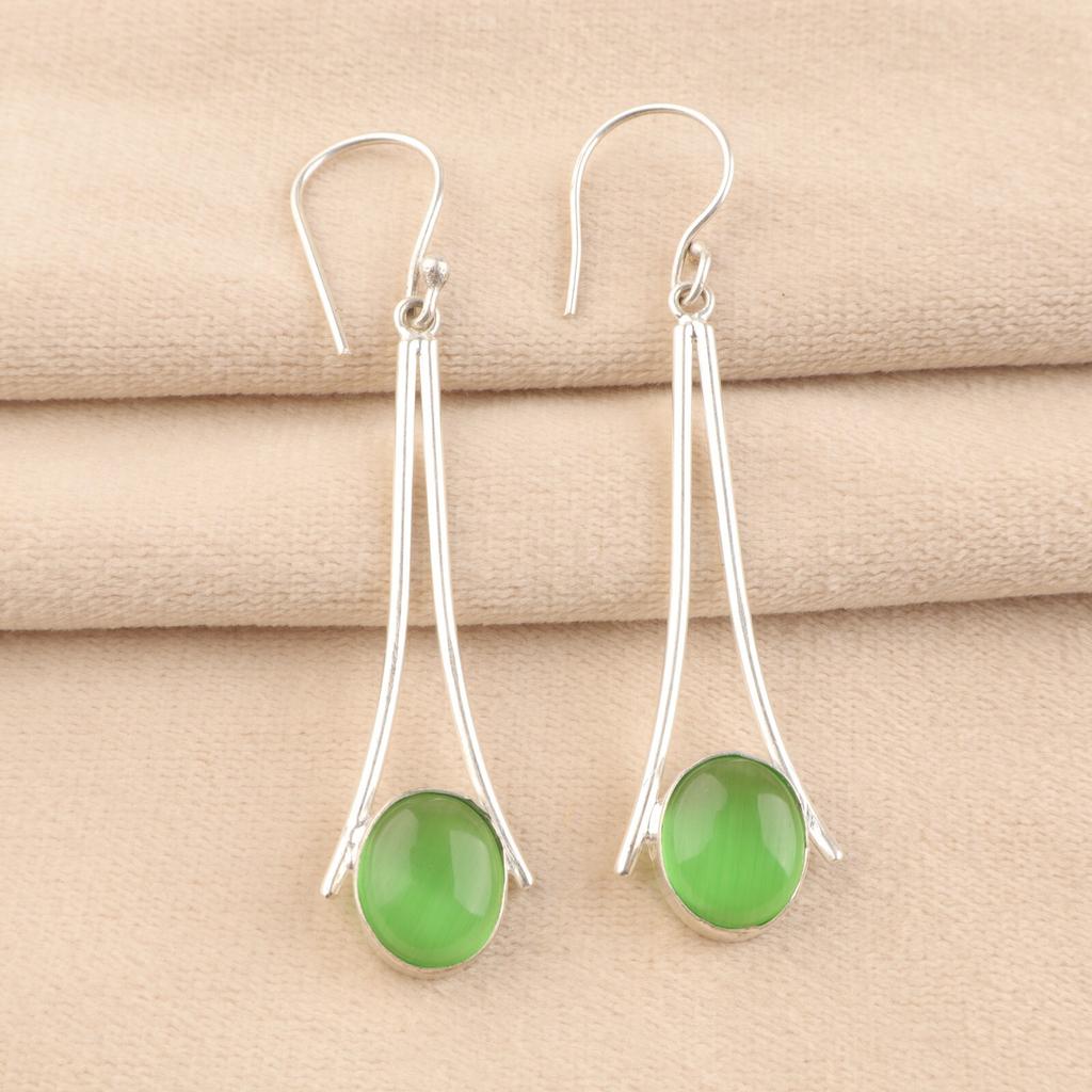 Natural Green Cat's Eye Gemstone 925 Sterling Silver Handmade Hook Earrings2.63" EE-136-35