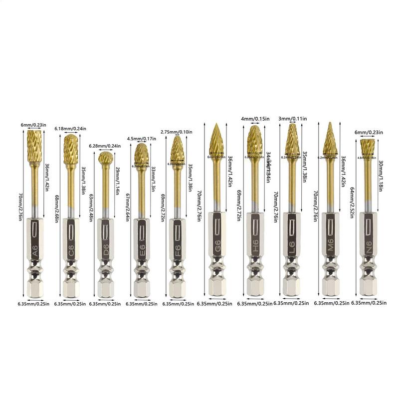 Cutting Burrs Tungsten Grinder Attachment Set Of 10 Heavy Duty 1/4 Inch Shank Carbide Burr For Woodworking Metalworking