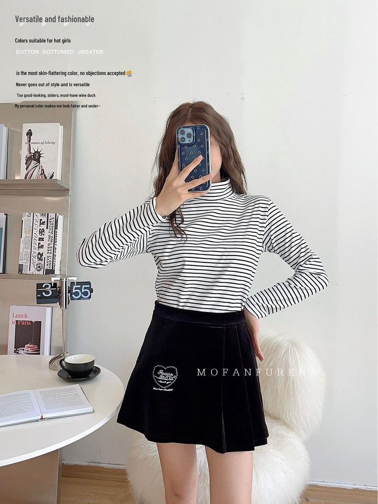 Women's Striped Velvet Mid-Neck Pullover - Autumn/Winter Warm Slim-Fit Long Sleeve Shirt