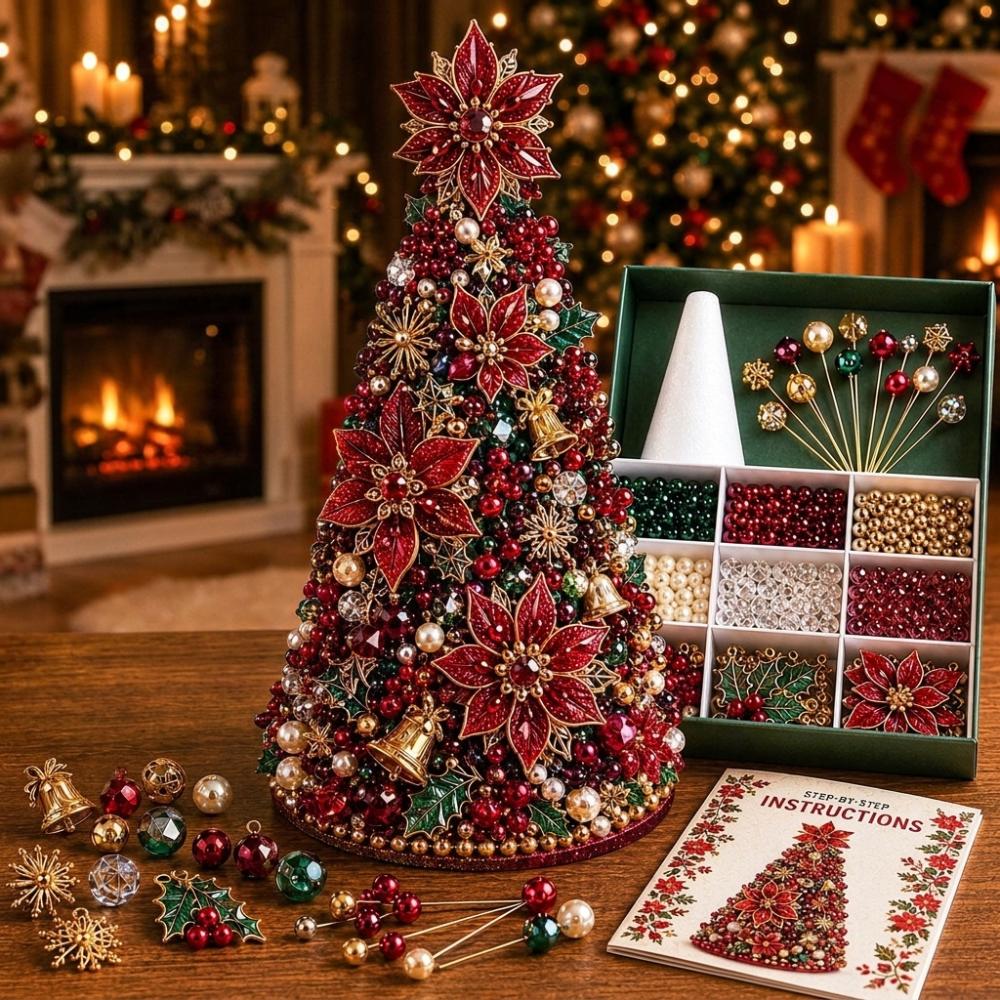 Colorful Beads DIY Beaded Christmas Tree Kit Educational Handmade Tabletop Christmas Tree Set Star Topper Faux Pearl