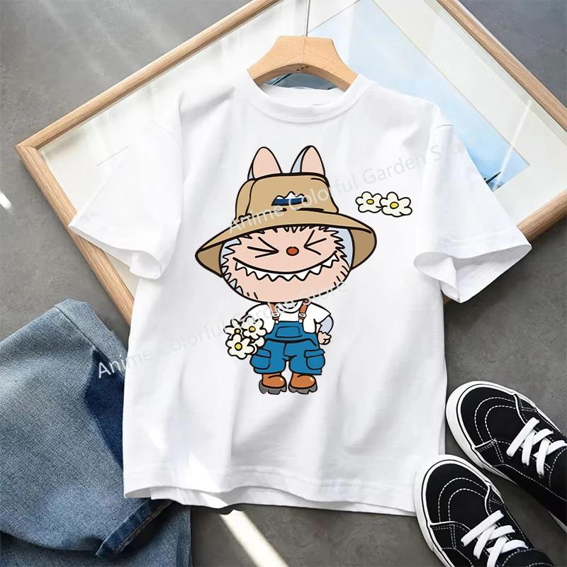 Labubu T-shirts Children Cartoon Cute Short Sleeved Shirt Boys Girls Summer Travel Fashion Clothing White Kids Clothes