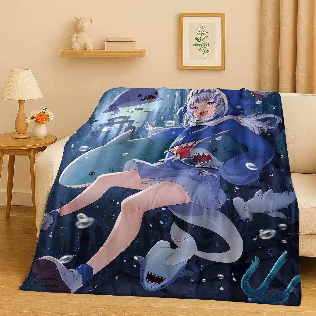 Anime Gawr Gura Hololive Cartoon Cute Girl Flannel Blanket,Ultra Soft Warm Plush Throw for Home Bedroom Bed Sofa Cover Gift Kid