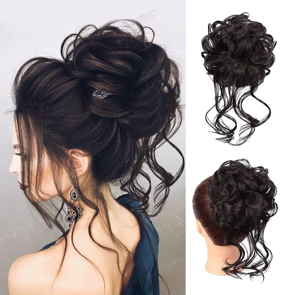 Unordentlicher Dutt Haarteil Wellig Lockig Synthetisch Hochsteckfrisur Chignon Fake Scrunchies Pferdeschwanzverlängerung für Damen Dunkelbraun