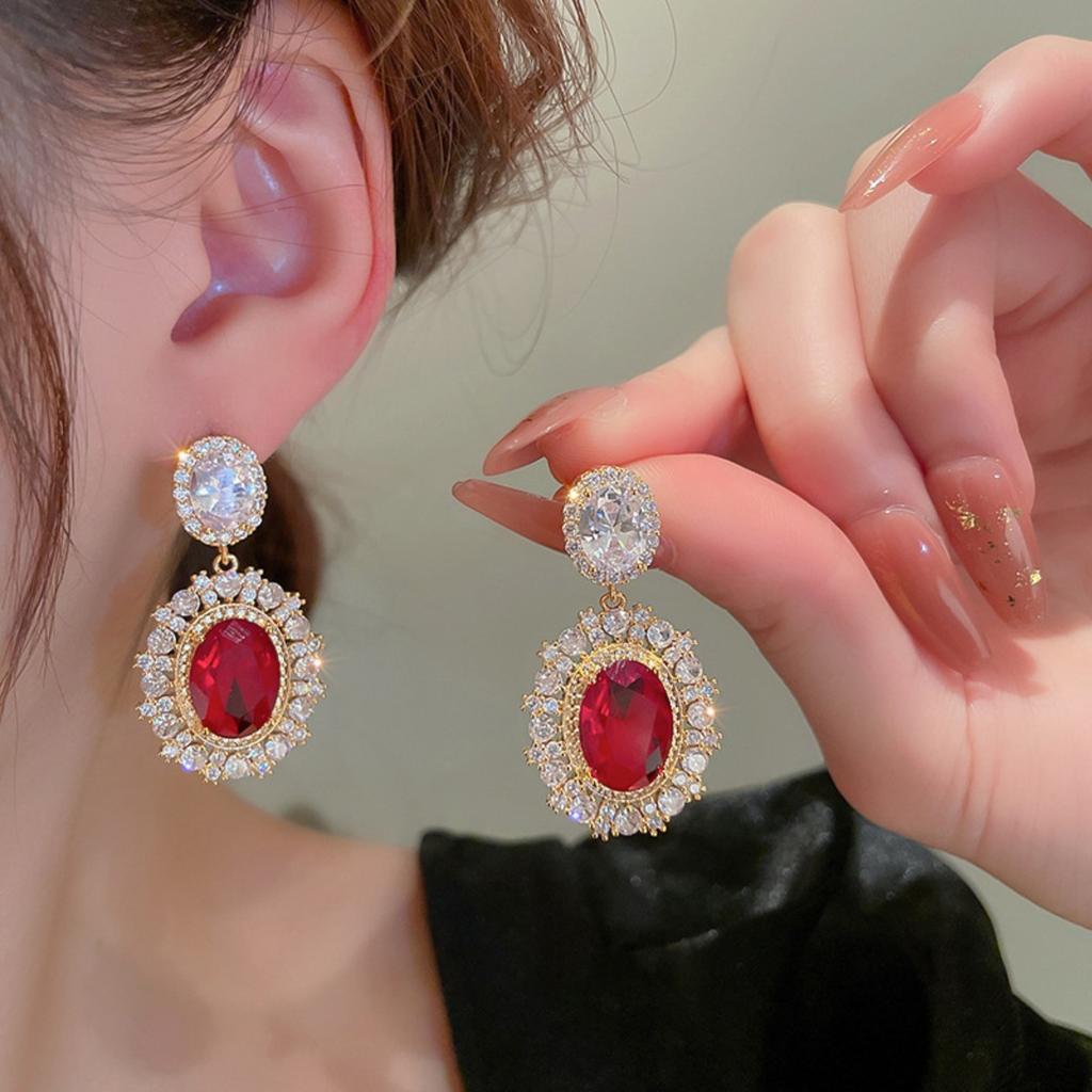 Vintage French Royal Oval Red Cubic Zirconia Double Layer Halo Dangle Drop Earrings Luxury Wedding Women Ear Jewelry